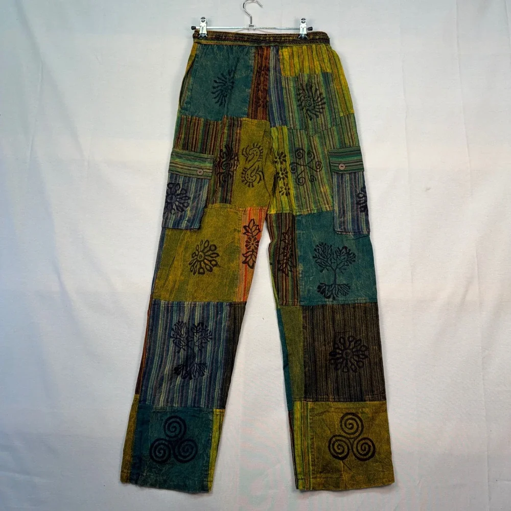 Windhorse Nepal Patchwork Cotton Cargo Pants Boho Hippie Festival Multi S/M NEW